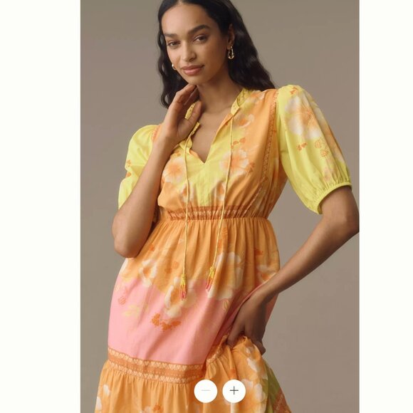 Farm Rio x Anthropologie Short-Sleeve Tiered Midi Dress in Yellow and Orange - Picture 4 of 13